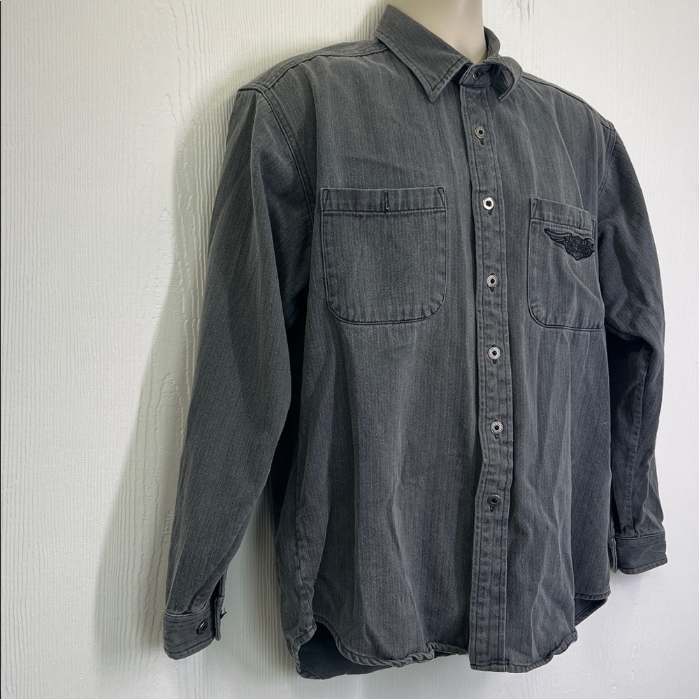 Harley Davidson - Vintage Gray Stonewashed Harley  Button Down Shirt Size Medium - Picture 2 of 11
